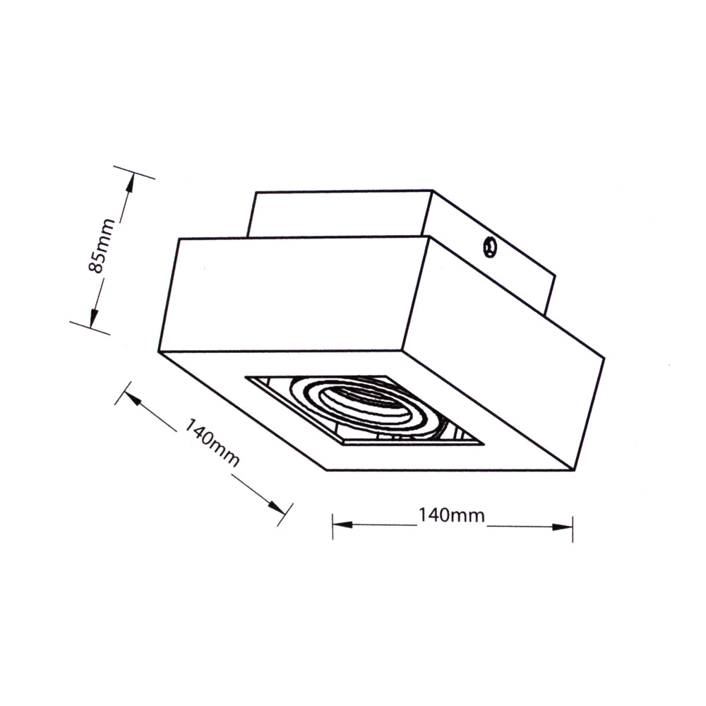 Technische Strichzeichnung eines quadratischen Aufbaustrahlers mit verstellbarer Lichtquelle, Maße 140x140x85 mm, Ansicht von schräg unten.