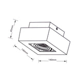 Technische Strichzeichnung eines quadratischen Aufbaustrahlers mit verstellbarer Lichtquelle, Maße 140x140x85 mm, Ansicht von schräg unten.