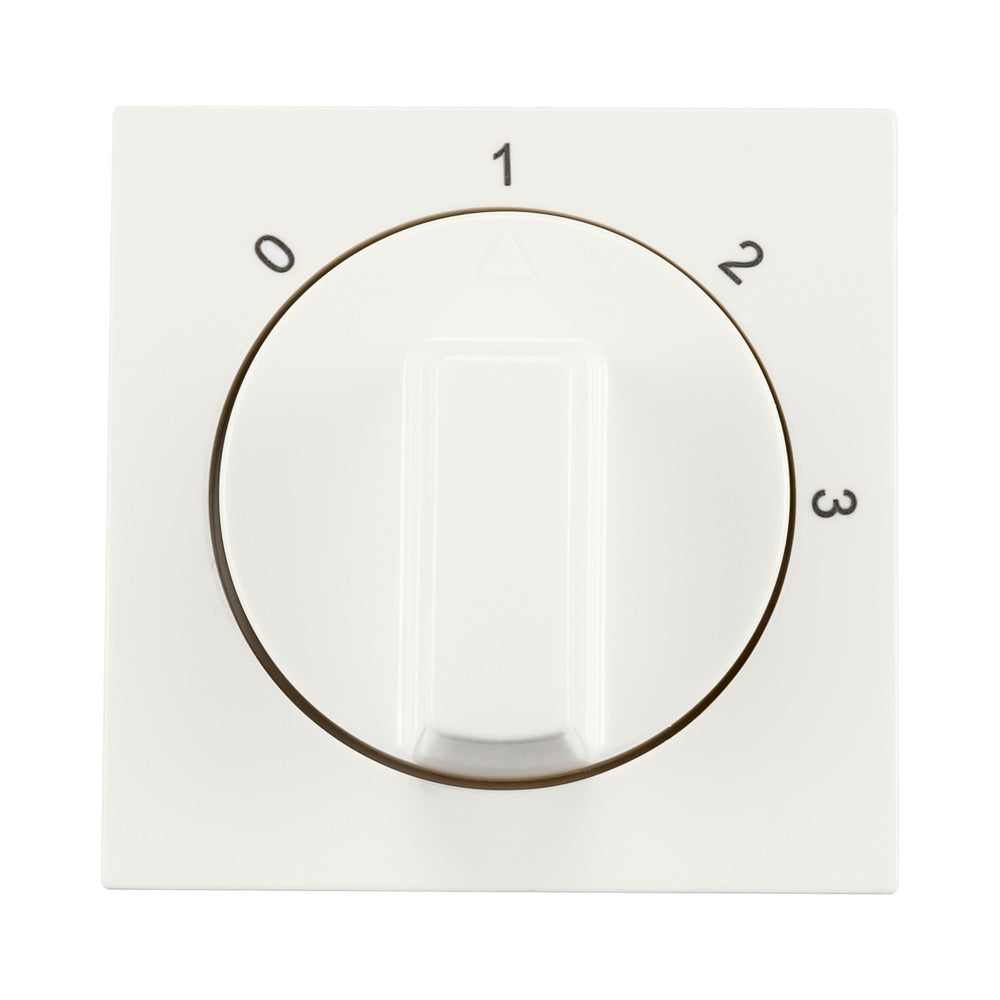 Weißer Drehknopfschalter mit vier Positionen (0–3), Frontansicht, geeignet zur Lüftersteuerung oder Lichtdimmung innerhalb von Elektroinstallationen.
