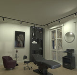 Ein luxuriöser Behandlungsstuhl in einem modernen Schönheitssalon, aus einem schrägen Winkel fotografiert, mit Blick auf den gesamten Behandlungsbereich, einschließlich Schönheitsprodukten, Stühlen, Wandkunst und einem großen Fenster mit Blick auf ein klassisches Stadtgebäude.