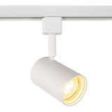 Weißer zylindrischer LED-Schienenstrahler, montiert auf einer 1-Phasen-Schiene, abgewinkelte Vorderansicht mit sichtbarer Lichtquelle und Befestigungsdetails.