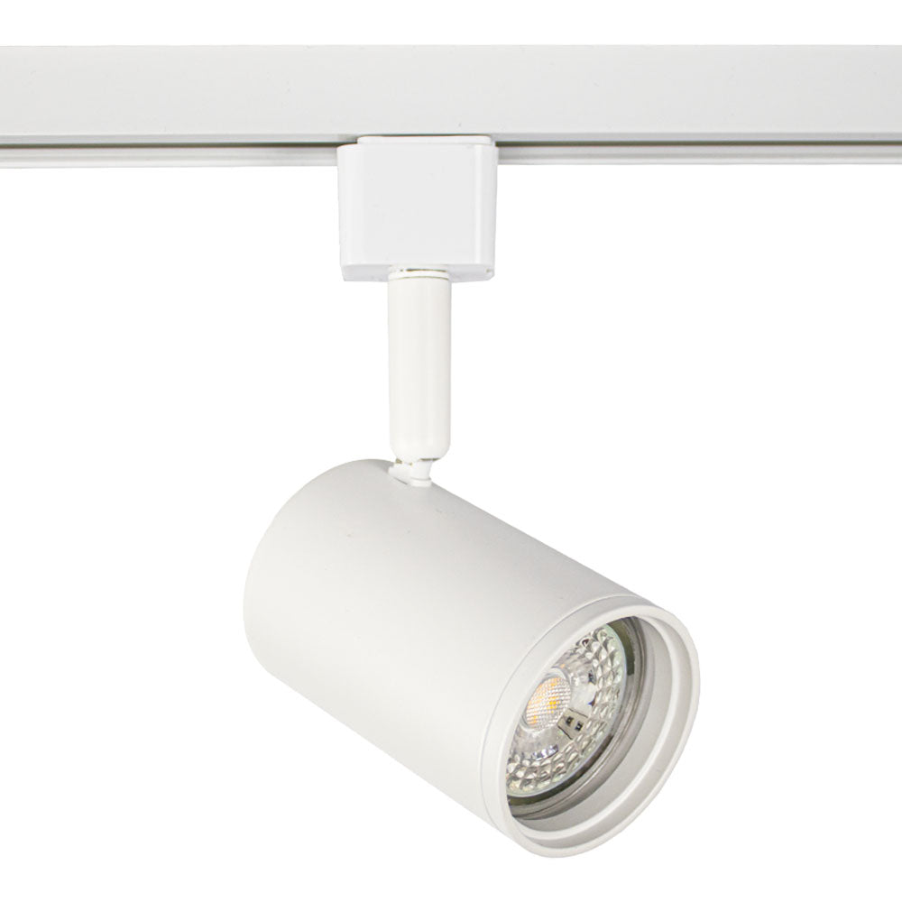 Weißer zylindrischer LED-Schienenstrahler, montiert auf einer weißen 1-Phasen-Schiene, abgewinkelte Vorderansicht.