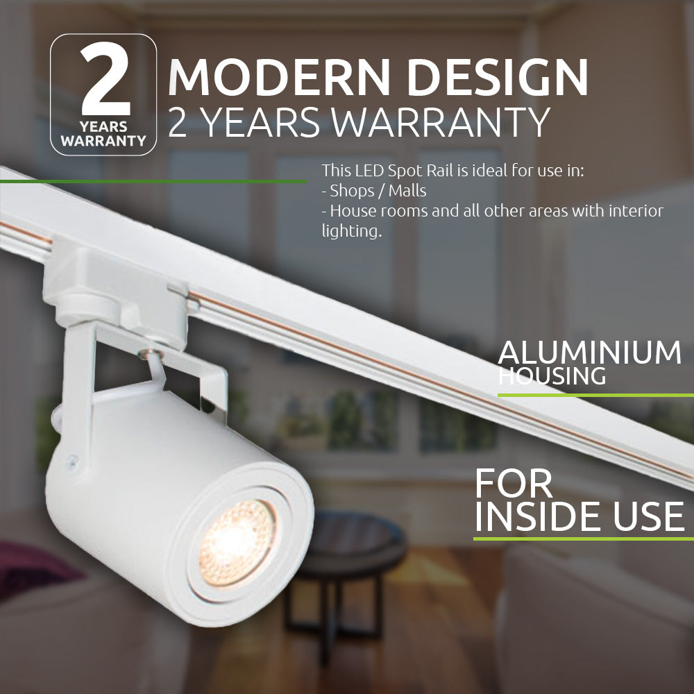 Weiße Aluminium-LED-Strahlerschienenleuchte für den Innenbereich, montiert auf einer Deckenschiene – Vorderansicht, geeignet für Geschäfte, Wohnräume und andere Innenanwendungen, mit 2 Jahren Garantie.