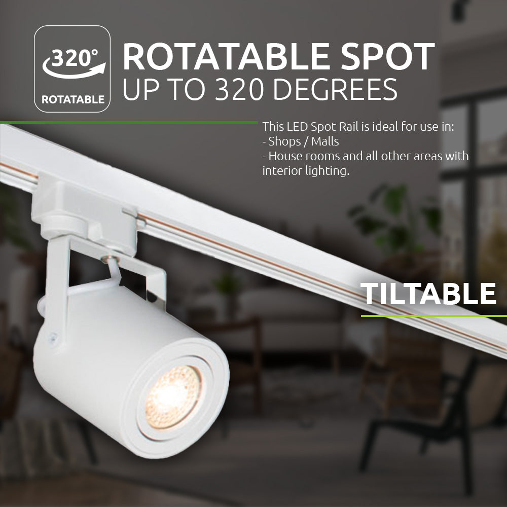 Weißer LED-Schienenstrahler mit verstellbarem, neigbarem und um 320 Grad drehbarem Strahler, montiert an einer Deckenschiene, für den Einsatz in Shops, Wohnräumen und anderen Innenräumen – Frontalansicht.
