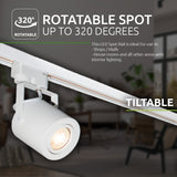 Weißer LED-Schienenstrahler mit verstellbarem, neigbarem und um 320 Grad drehbarem Strahler, montiert an einer Deckenschiene, für den Einsatz in Shops, Wohnräumen und anderen Innenräumen – Frontalansicht.