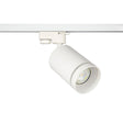 Weißer zylindrischer LED-Schienenstrahler, montiert auf einer Schiene, von der Seite vor einem weißen Hintergrund fotografiert.