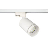 Weißer zylindrischer LED-Schienenstrahler, montiert auf einer Schiene, von der Seite vor einem weißen Hintergrund fotografiert.