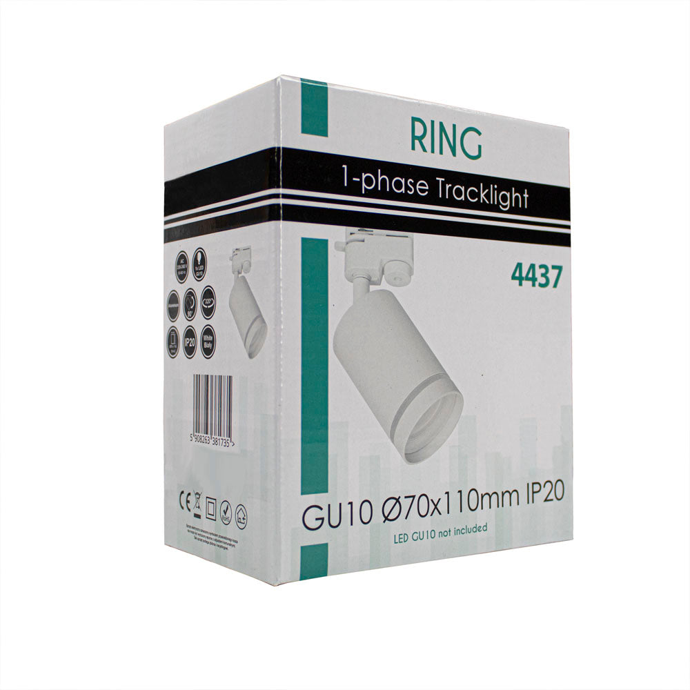Produktverpackung des RING 1-Phasen-Schienenstrahlers 4437, weißes Modell mit GU10-Fassung (Ø70x110mm), IP20-Klassifizierung, schräge Vorderansicht der Box mit Produktbild und Spezifikationen.