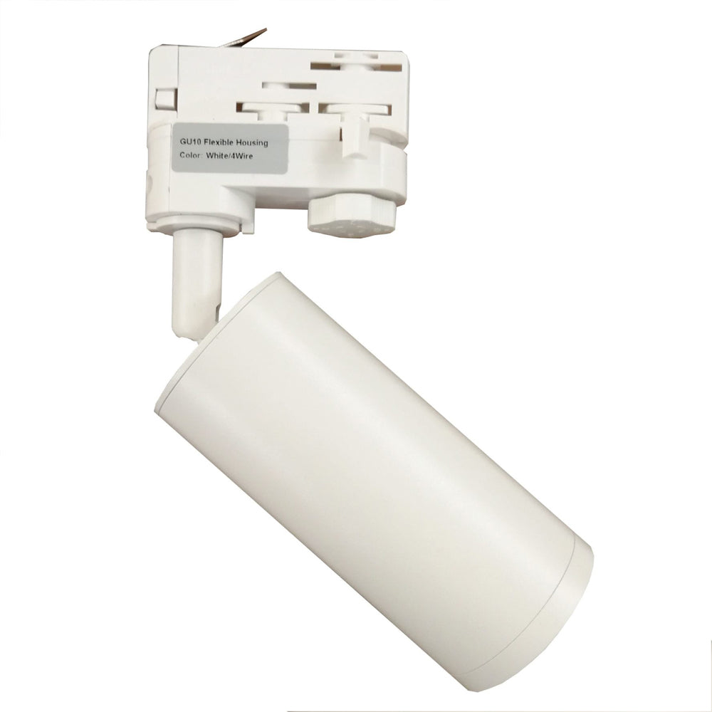 Weißer GU10 Schienenstrahler mit flexiblem Gehäuse, geeignet für 4-adrige Schienensysteme, Seitenansicht.