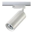 Zylindrischer weißer LED-Schienenstrahler, montiert auf einer 3-Phasen-Schiene, mit Ansicht der Unterseite und der Seite des Strahlerkopfes.