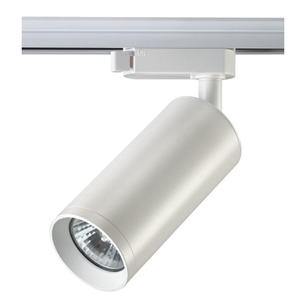 Zylindrischer weißer LED-Schienenstrahler, montiert auf einer 3-Phasen-Schiene, mit Ansicht der Unterseite und der Seite des Strahlerkopfes.