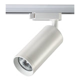 Zylindrischer weißer LED-Schienenstrahler, montiert auf einer 3-Phasen-Schiene, mit Ansicht der Unterseite und der Seite des Strahlerkopfes.