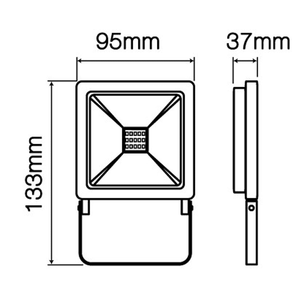 Technische Strichzeichnung eines LED-Flutlichts mit Abmessungen, Vorder- und Seitenansicht sichtbar, Abmessungen 133 mm hoch, 95 mm breit und 37 mm tief.