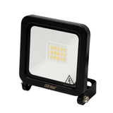 LED-Bauleuchte der Marke LED line®, schwarze Fassung, abgewinkelte Frontansicht, mit sichtbarem Raster aus LED-Chips hinter Glas und Metallmontagehalterung.
