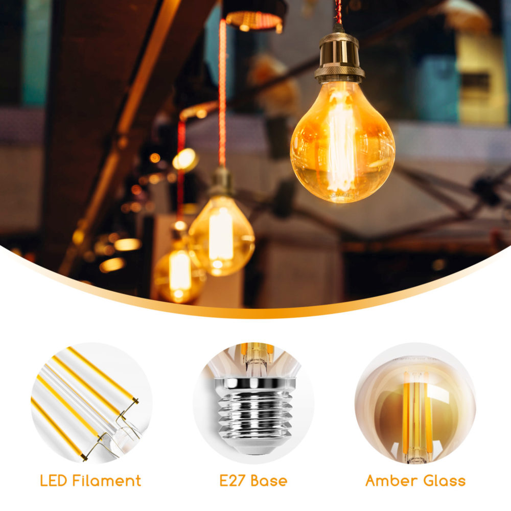 LED filament E27 amber lamp dimbaar goud glas - details