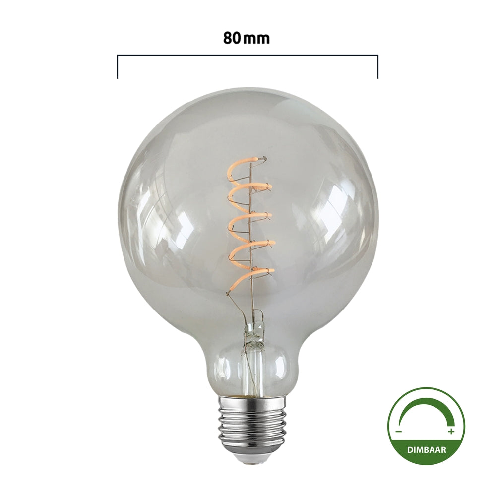 Dimmbare LED-Filament-Globelampe G80 mit E27-Fassung, 80 mm Durchmesser, Vorderansicht.