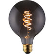 Runde LED-Filamentlampe mit E27-Fassung und Spiralfaden, bernsteinfarbenes Glas, Frontansicht.