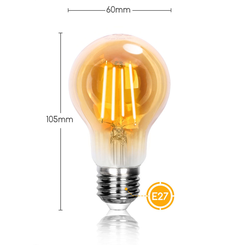 LED-Filamentlampe mit E27-Fassung, bernsteinfarbenes Glas, Vorderansicht mit den Abmessungen 105 mm Höhe und 60 mm Breite.