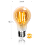 LED-Filamentlampe mit E27-Fassung, bernsteinfarbenes Glas, Vorderansicht mit den Abmessungen 105 mm Höhe und 60 mm Breite.