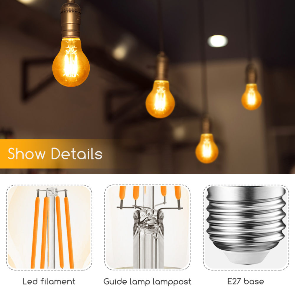 Dekorative LED-Filamentlampe mit E27-Fassung, warmes Licht und Vintage-Look, Vorderansicht der Hängelampe und Detailansichten von LED-Filament, Lampenpfosten und Schraubsockel.