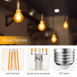 Dekorative LED-Filamentlampe mit E27-Fassung, warmes Licht und Vintage-Look, Vorderansicht der Hängelampe und Detailansichten von LED-Filament, Lampenpfosten und Schraubsockel.