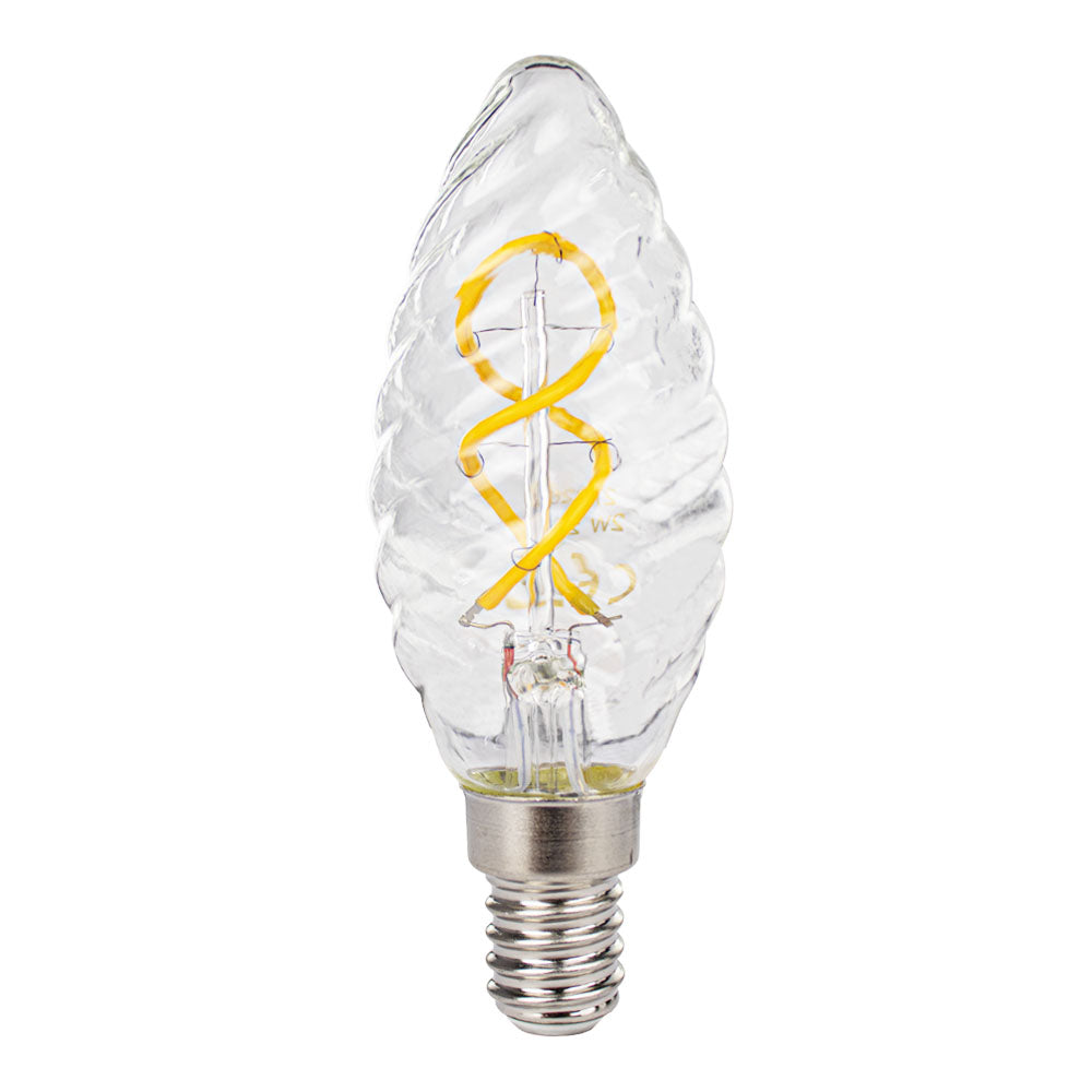 LED-Filamentlampe in Kerzenform mit Spiralfaden und E14-Fassung, Frontansicht auf weißem Hintergrund.