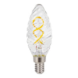 LED-Filamentlampe in Kerzenform mit Spiralfaden und E14-Fassung, Frontansicht auf weißem Hintergrund.