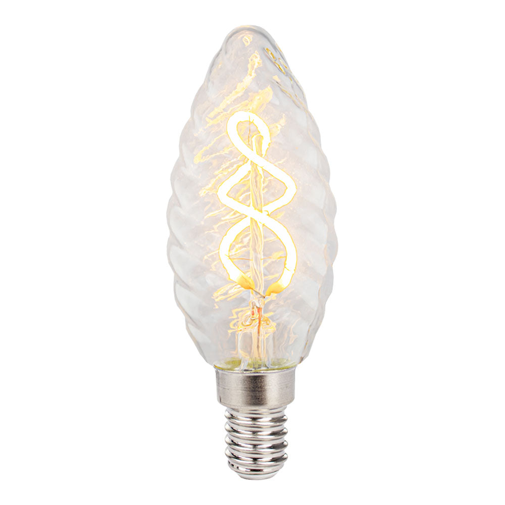 Dekorative LED-Filamentlampe im Twisted-Flame-Design mit E14-Fassung, klarem Glas und sichtbarem Spiralfaden – Vorderansicht.