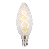 Dekorative LED-Filamentlampe im Twisted-Flame-Design mit E14-Fassung, klarem Glas und sichtbarem Spiralfaden – Vorderansicht.