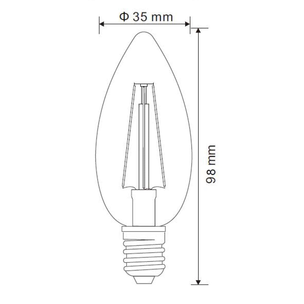 Technische Strichzeichnung einer LED-Filament-Kerzenlampe mit E14-Fassung, Vorderansicht mit den Abmessungen 98 mm Höhe und 35 mm Durchmesser.