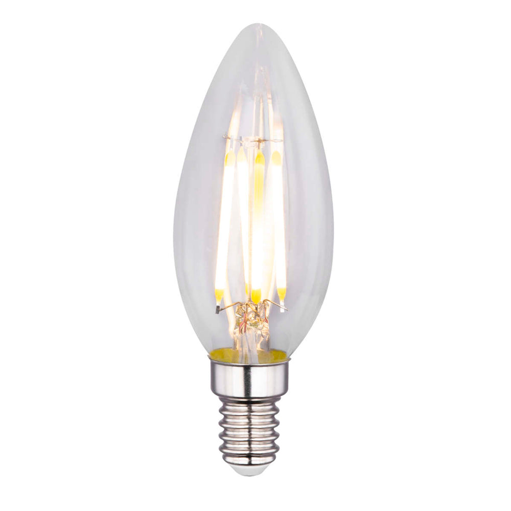 LED-Filament-Kerzenlampe mit E14-Fassung, klarem Glas und warmweißem Licht – Vorderansicht.