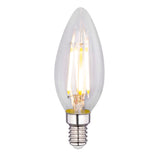 LED-Filament-Kerzenlampe mit E14-Fassung, klarem Glas und warmweißem Licht – Vorderansicht.