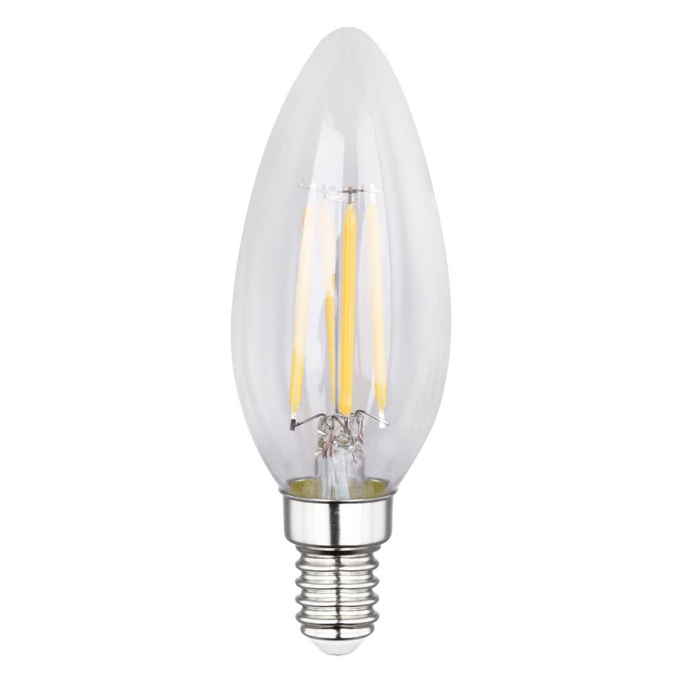 LED-Filament-Kerzenlampe mit E14-Fassung, klares Glasgehäuse, Frontalansicht.