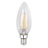 LED-Filament-Kerzenlampe mit E14-Fassung, klares Glasgehäuse, Frontalansicht.