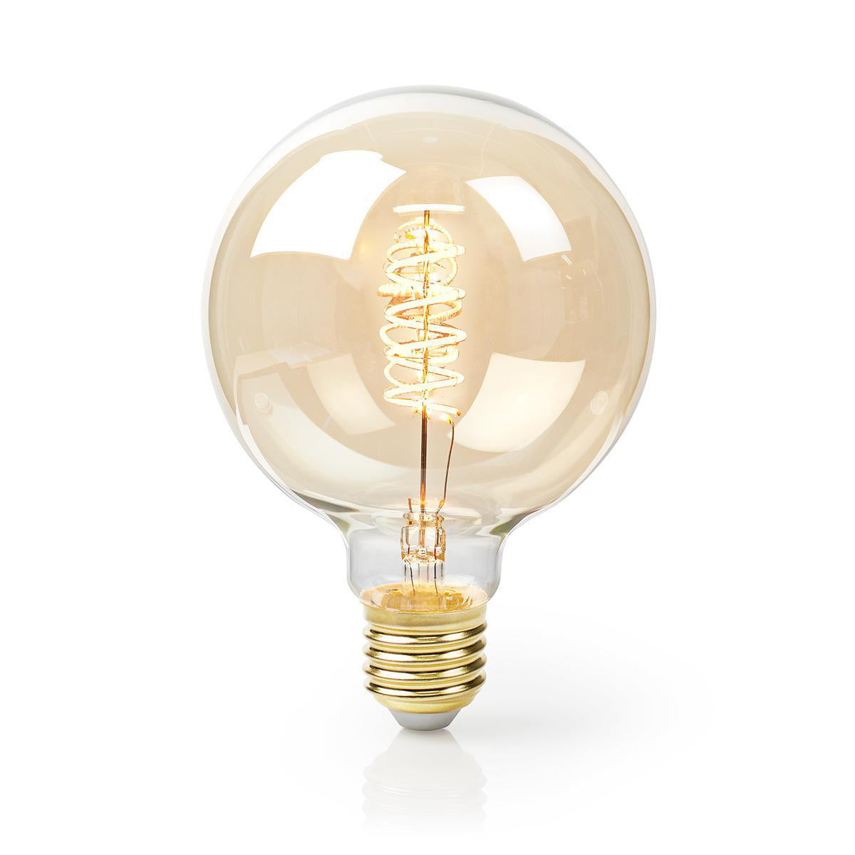 Dekorative LED-Glühbirne mit E27-Fassung, kugelförmigem Design, warmweißer Lichtfarbe und sichtbarem Spiralfaden – Vorderansicht.
