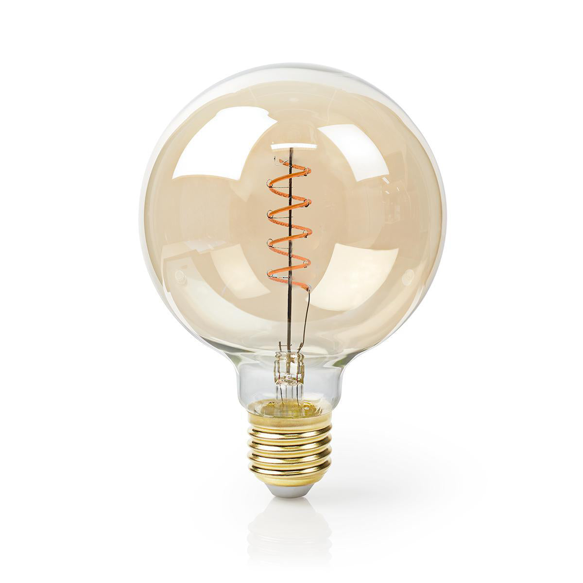 Dekorative LED-Filamentlampe mit E27-Fassung, bernsteinfarbenem Glas und sichtbarem Spiralfaden, Vorderansicht.