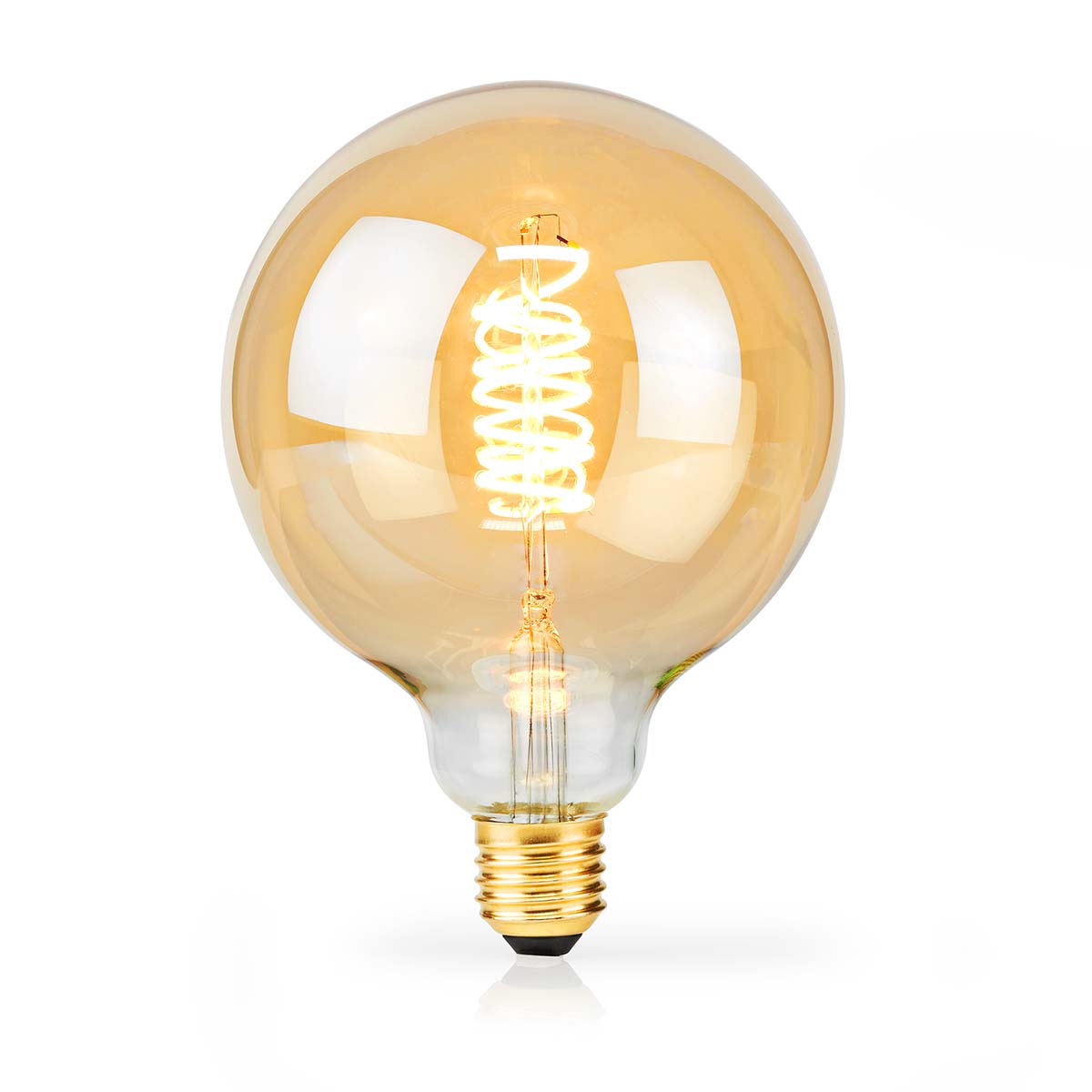 Dekorative LED-Filamentlampe mit goldfarbenem Glas und Spiralfaden, Frontalansicht.