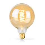 Dekorative LED-Filamentlampe mit goldfarbenem Glas und Spiralfaden, Frontalansicht.