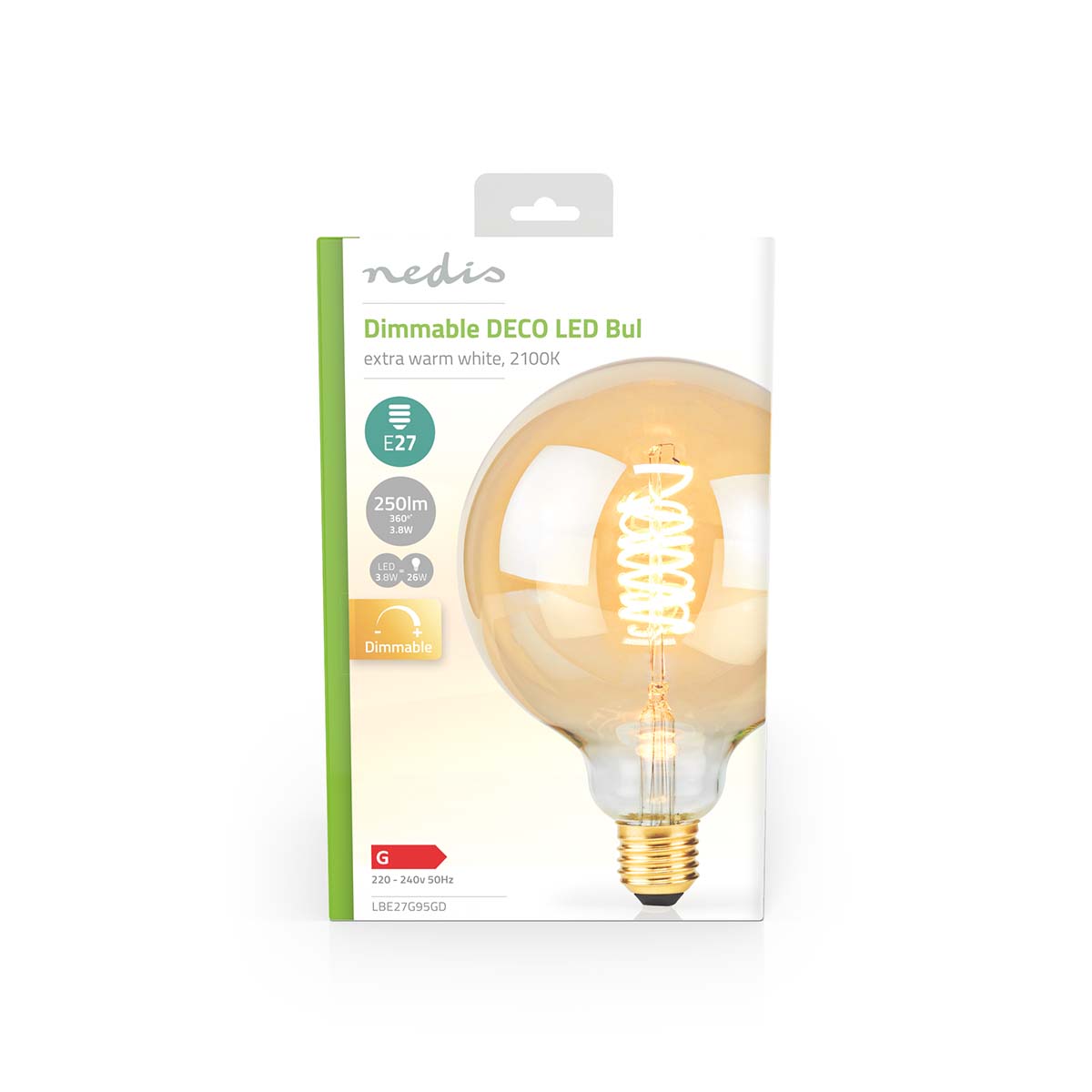 Verpackung der dimmbaren DECO-LED-Lampe von Nedis mit E27-Fassung, 250 Lumen, 3,8 W, extra warmweißes Licht (2100 K), Vorderansicht.