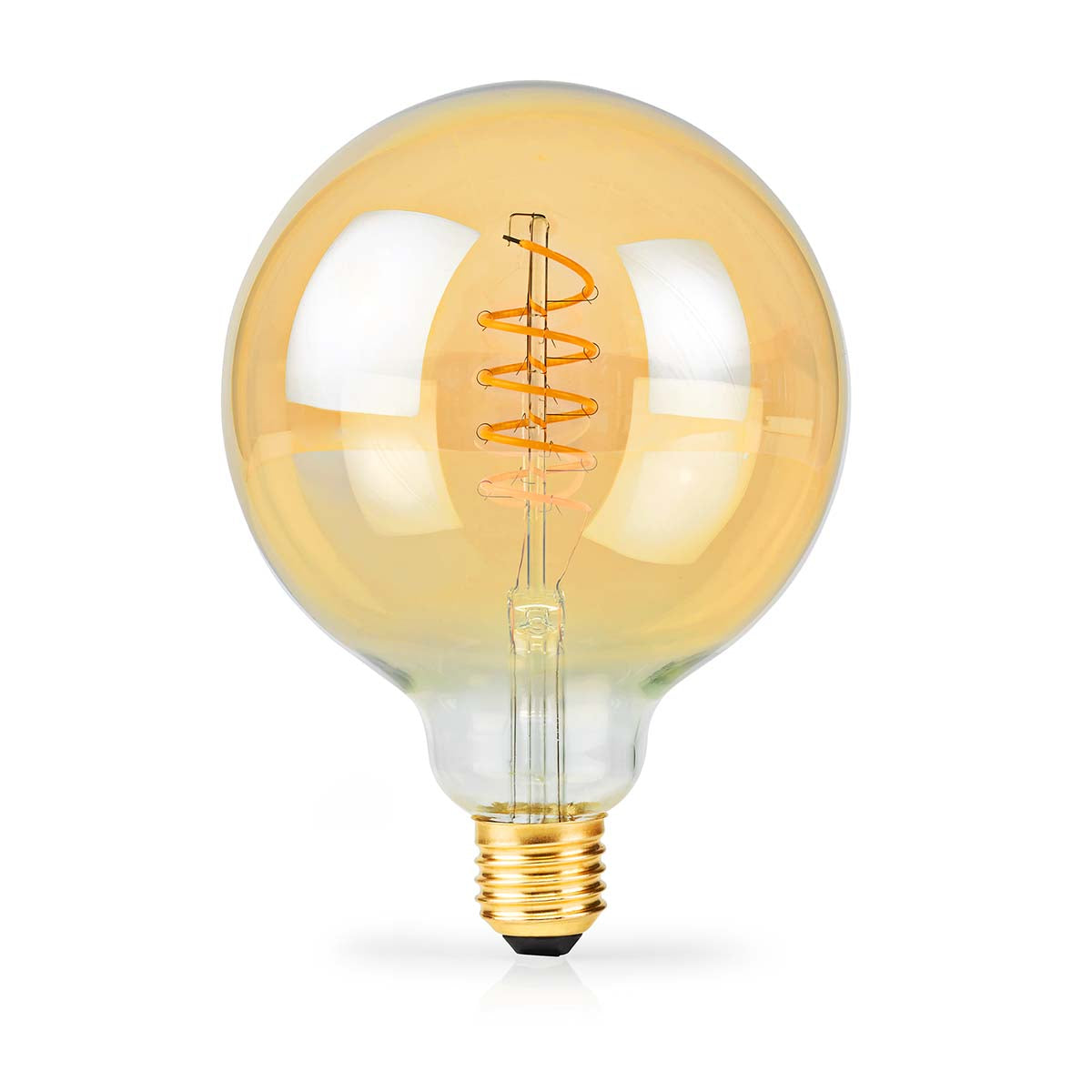 Dekorative LED-Filamentlampe mit goldener Glaskugel und Spiralfaden, Frontansicht, ideal für stimmungsvolle Beleuchtung und Vintage-Einrichtungsstile.
