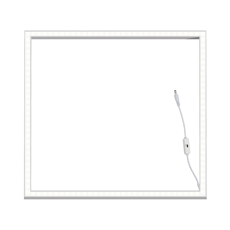 LED-Lichtpanel im quadratischen Rahmen mit Ein-/Ausschalter und Stromkabel, Vorderansicht.