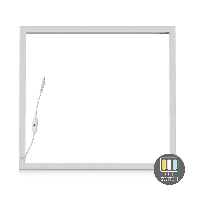 LED-Panel-Einbaurahmen CCT einstellbar – Frontansicht eines weißen, quadratischen Einbaurahmens mit integriertem CCT-Schalter und Anschlusskabel, geeignet für die Montage von LED-Panels.