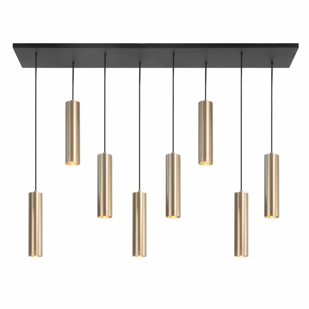 Moderne Pendelleuchte mit 8 goldfarbenen zylindrischen Lichtpunkten, befestigt an einer rechteckigen schwarzen Deckenplatte – Vorderansicht.