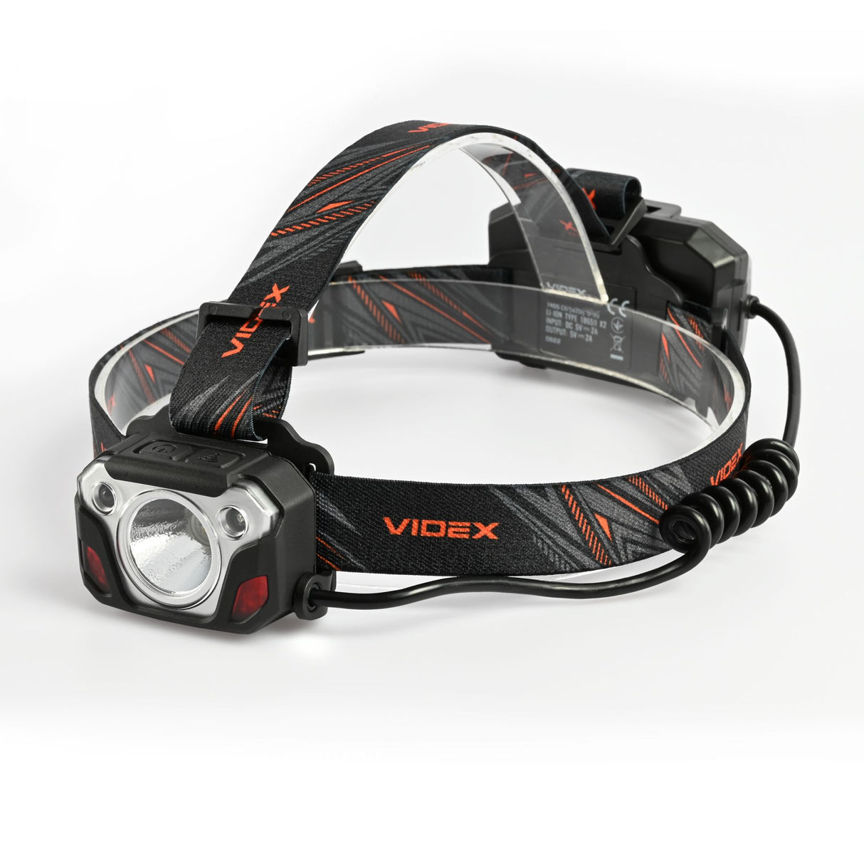 SEO ALT-Text: „Videx-Stirnlampe mit verstellbarem Kopfband und leistungsstarkem LED-Licht, leicht angewinkelte Frontansicht, ideal für Outdoor-Aktivitäten und den professionellen Einsatz.“