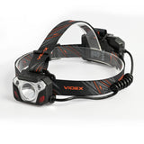 SEO ALT-Text: „Videx-Stirnlampe mit verstellbarem Kopfband und leistungsstarkem LED-Licht, leicht angewinkelte Frontansicht, ideal für Outdoor-Aktivitäten und den professionellen Einsatz.“