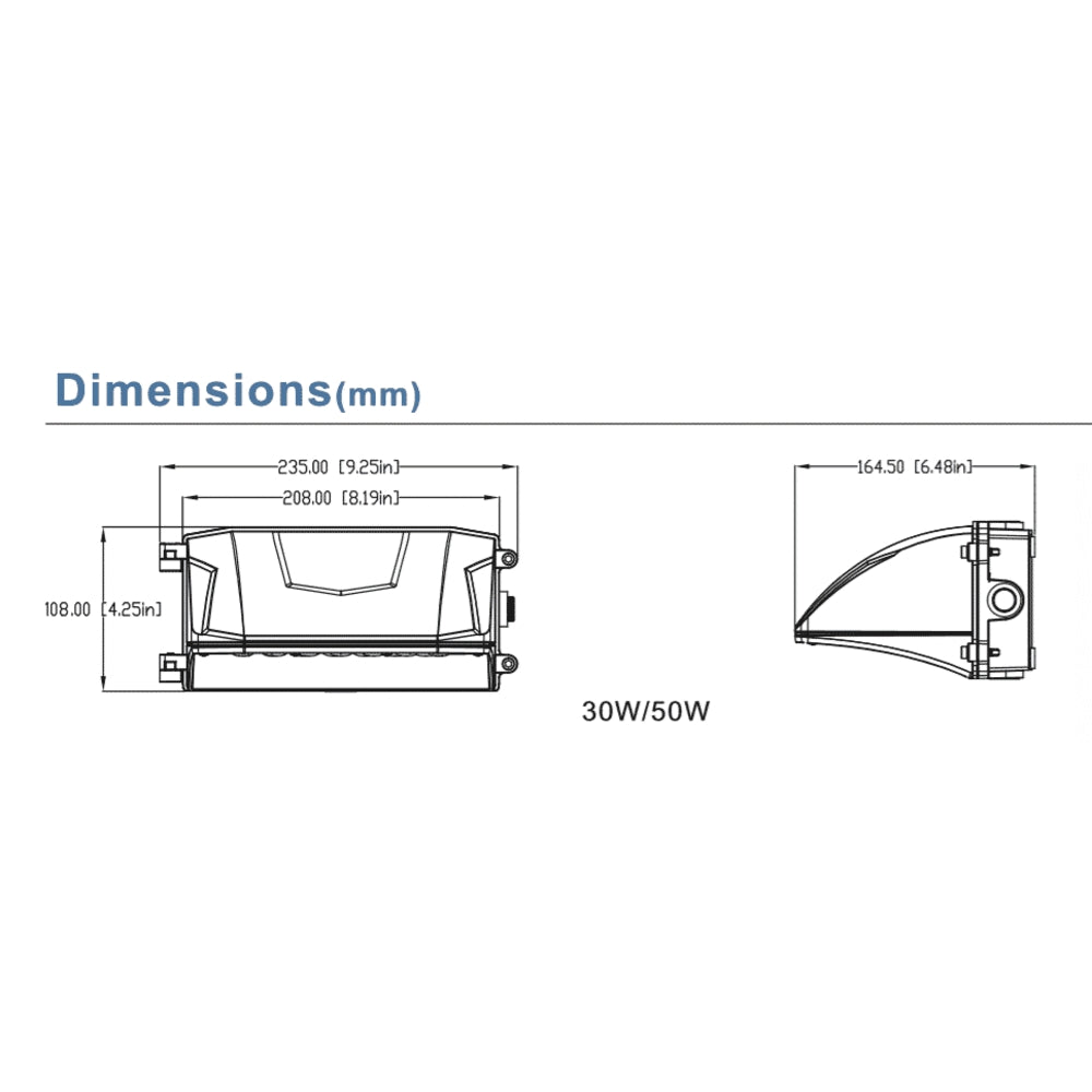 Technische Zeichnung eines 30W/50W LED-Strahlers mit Abmessungen in Millimetern; Vorder- und Seitenansicht dargestellt.
