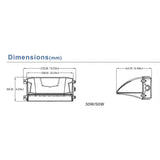Technische Zeichnung eines 30W/50W LED-Strahlers mit Abmessungen in Millimetern; Vorder- und Seitenansicht dargestellt.