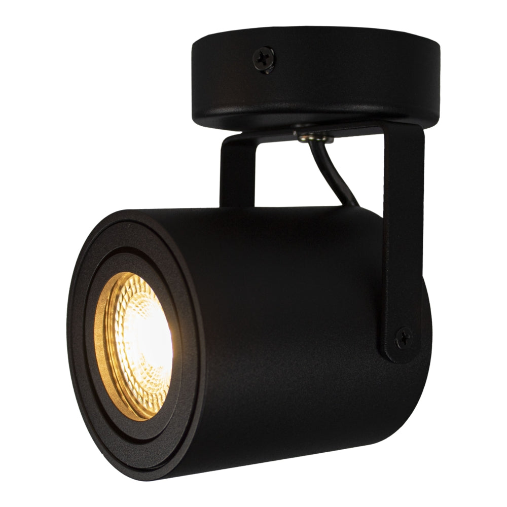 Schwarzer Industrie-Deckenstrahler im zylindrischen Design, aus Metall gefertigt und mit warmweißem LED-Licht ausgestattet – schräge Frontansicht.