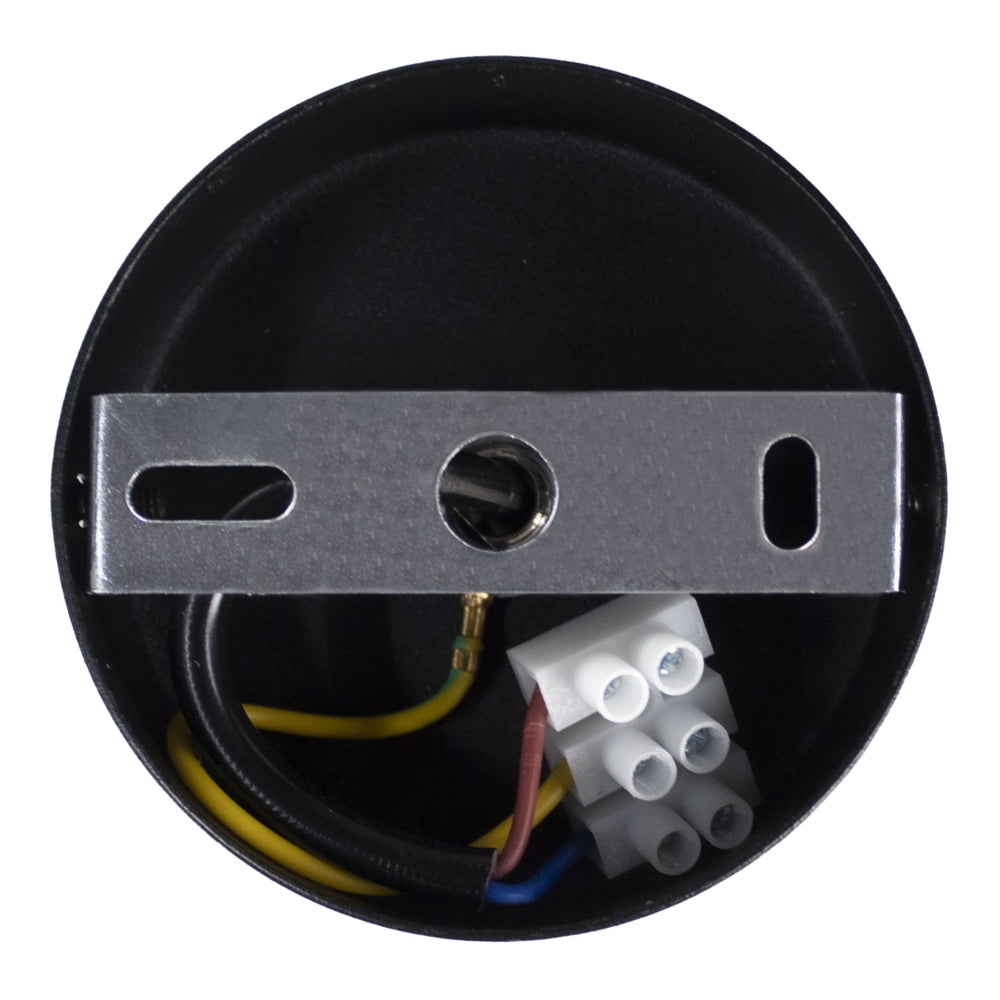 Schwarze Deckenrosette aus Metall mit interner Verkabelung und Montagehalterung aus Metall, Draufsicht.