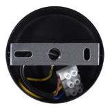 Schwarze Deckenrosette aus Metall mit interner Verkabelung und Montagehalterung aus Metall, Draufsicht.